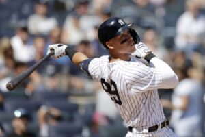 Aaron Judge is batting at Yankee Stadium.