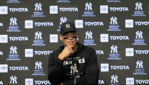 Aaron Judge at press meet after hitting 62nd home run.