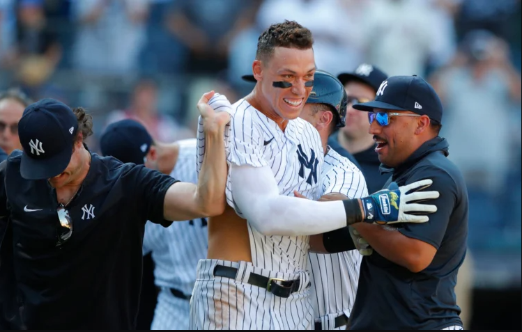 Aaron Judge celebrating a win with the team.