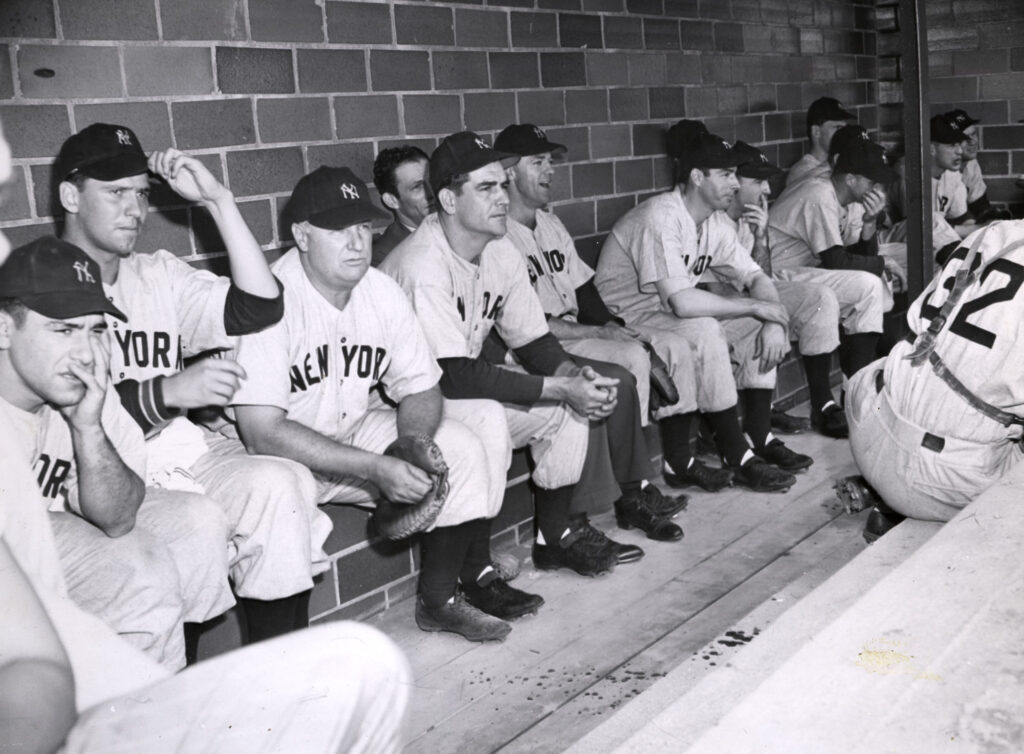 The 1947 team that scripted the Yankees' longest winning streak at the dugout during a game.