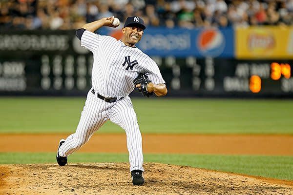 New York Yankees pitcher Mariano Rivera works against the Florida Marlins  in game 3 of the World Series, at Pro Player Stadium, Miami, Florida,  October 21, 2003. The Yankees won 6-1 and
