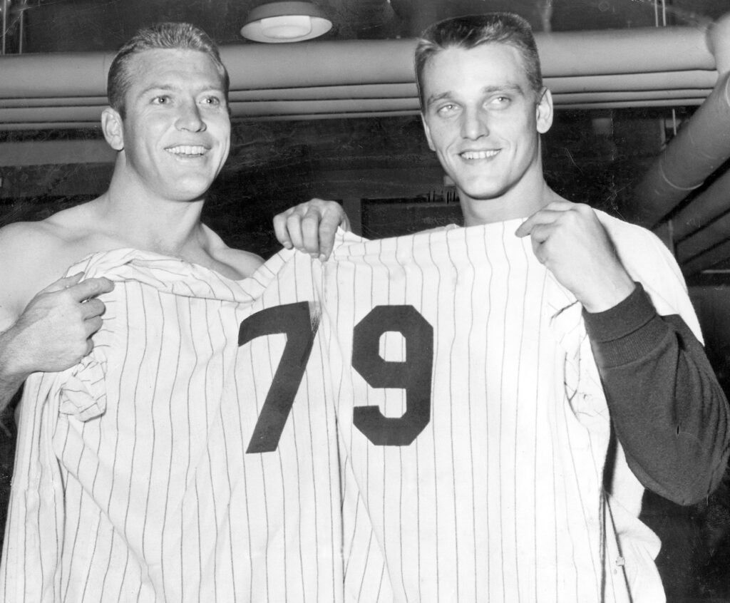 Mickey Mantle (left) and Roger Maris (right) led the Yankees' offense in 1961 and 1962 leading to the 1961 World Series win.
