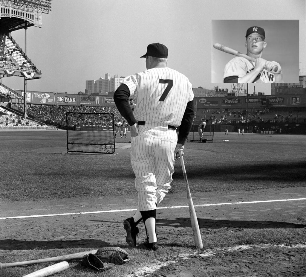 Yankee slugger Mickey Mantle awaits his turn in the batting cage at Yankee Stadium before the fifth World Series game against the St. Louis Cardinals, Oct. 12, 1964.