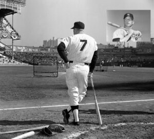 Yankee slugger Mickey Mantle awaits his turn in the batting cage at Yankee Stadium before the fifth World Series game against the St. Louis Cardinals, Oct. 12, 1964.