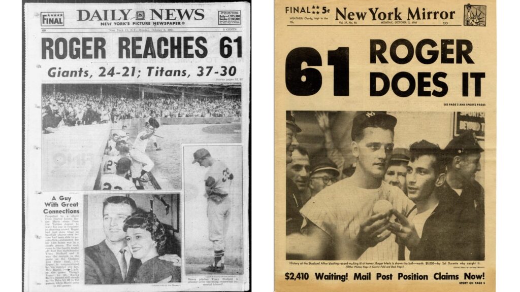 News tabloids publishing the news of Yankees' Roger Maris making MLB record of 61 home runs in 1961.