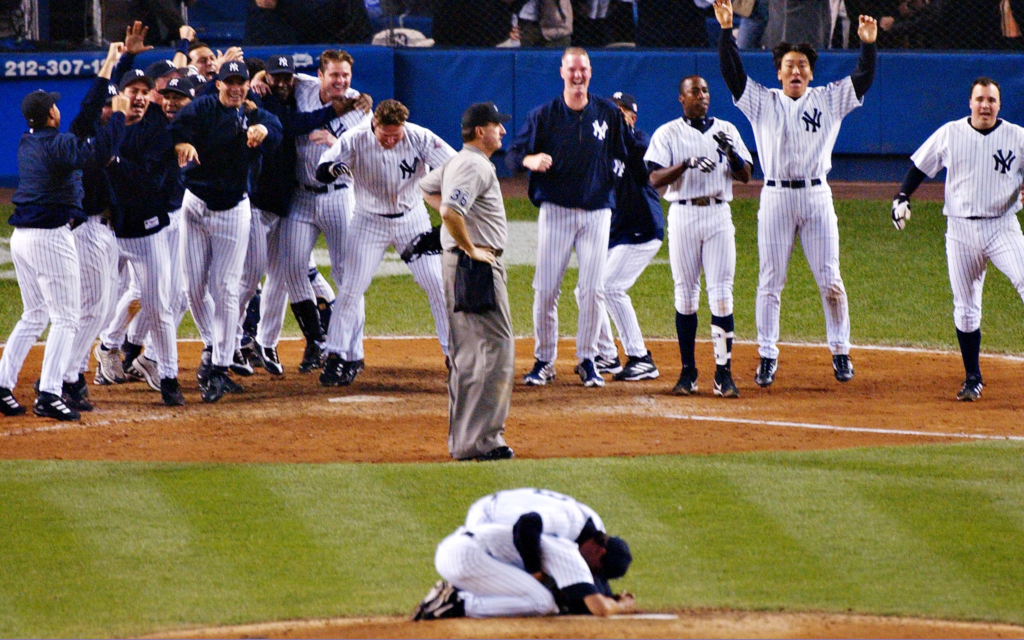 One of the Yankees all-time pitching leaders, Mariano Rivera after winning a 2003 game against the Red Sox.