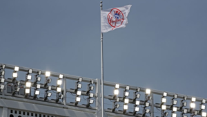 Yankees' flag flying high at Yankee Stadium.