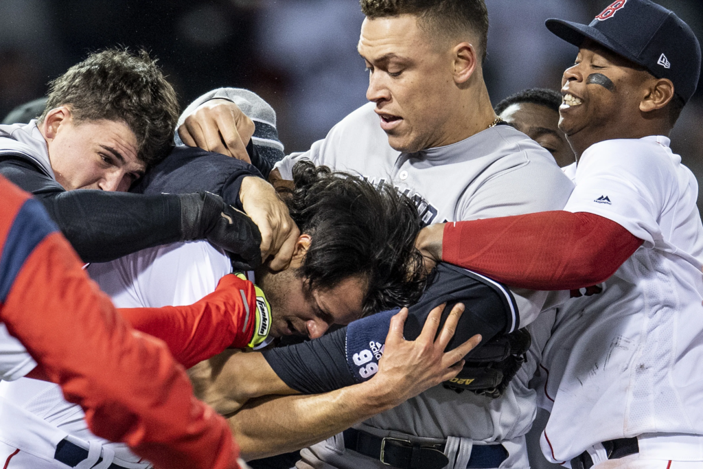 A violent scene that exemplifies Yankees vs. Red Sox rivalry.