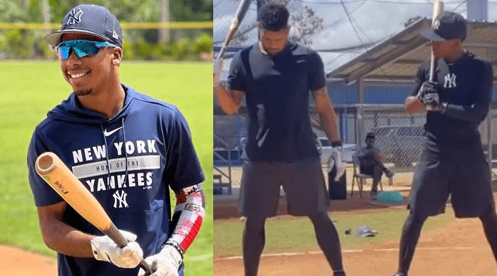 Brandon Mayea in 2023 (left) and he is training with Gary Sanchez in 2022 (right).