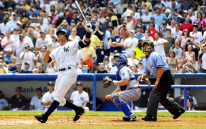 Alex Rodriguez hitting a long homer at Yankee Stadium.