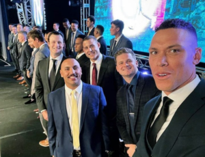 Nestor Cortes with Aaron Judge and other teammates.