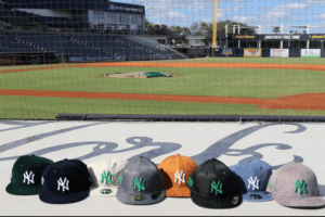 Yankees caps in different colors at George M. Steinbrenner Field, the venue for Yankees spring training.
