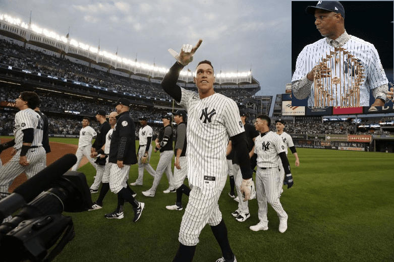 Aaron Judge at Yankee Stadium after a Yankees win and (inset) Darryl Strawberry with the Yankees 1996 World Series trophy.