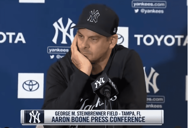 Aaron Boone is talking to the press at George M. Steinbrenner Field on Feb 15, 2023.