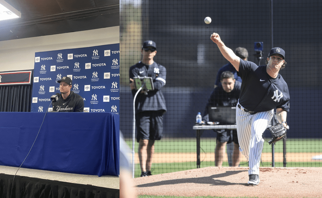 Gerrit Cole is training and speaking at Yankees spring training camp on Feb 16, 2023.