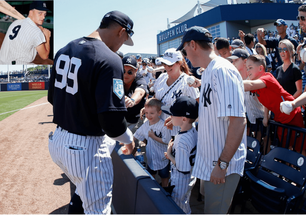 Aaron Judge is signing autographs at George Steinbrenner Field, Tampa, FL. Inset is Yankees No. 9 Roger Maris.