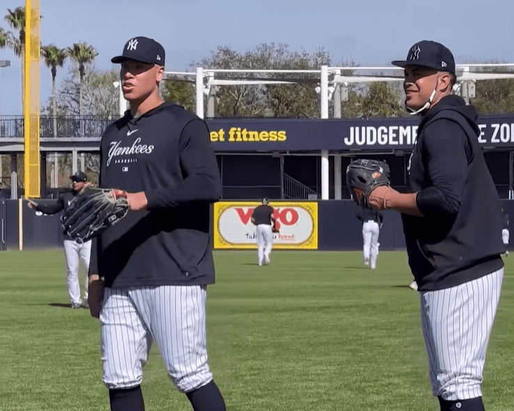 Aaron Judge and Giancarlo Stanton are at Tampa, Fl., during the Yankees spring training on 20 Feb, 2023.