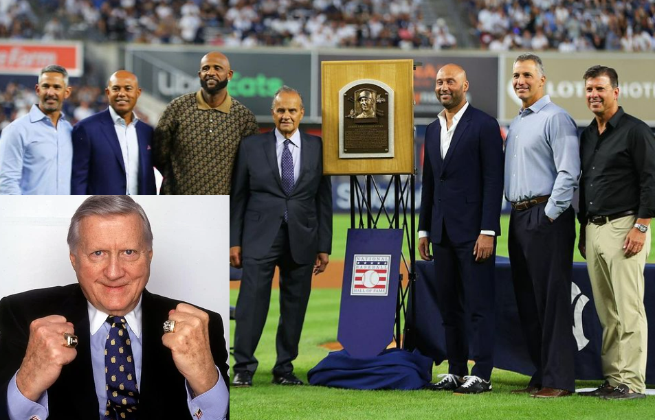 Derek Jeter, his former teammates, and ex-coach Joe Torre at Yankee Stadium on hi HoF day; inset is George Steinbrenner