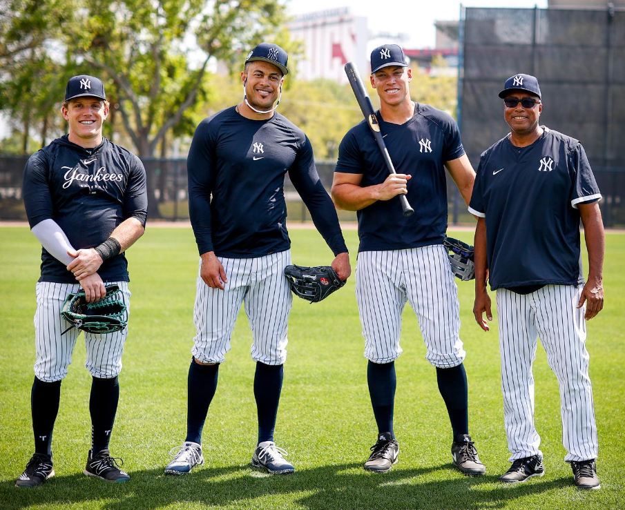 Aaron Judge and Giancarlo Stanton are with Yankees staff at their spring training camp in Tampa, Florida.