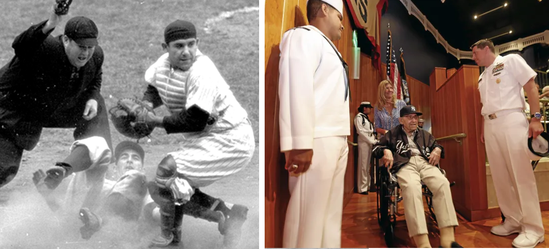 Yogi Berra is at plate on Oct 6, 1950, and honored by the U.S. Navy in 2014.