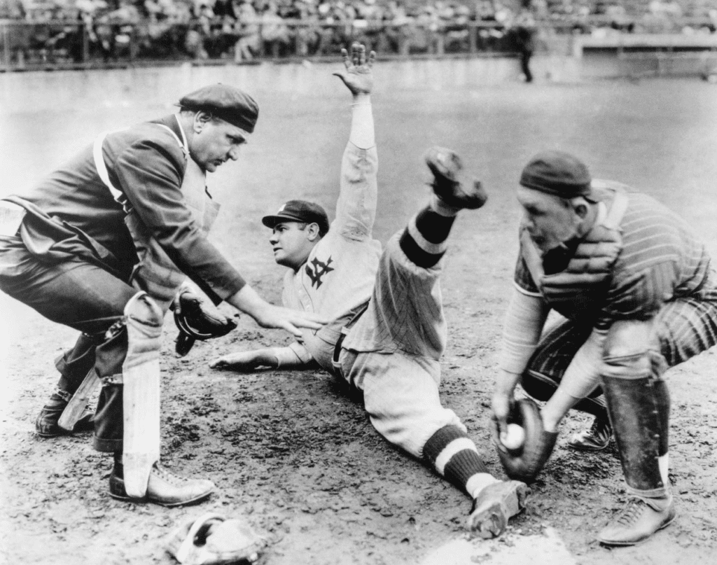Babe Ruth steals a base for the Yankees in 1920s.