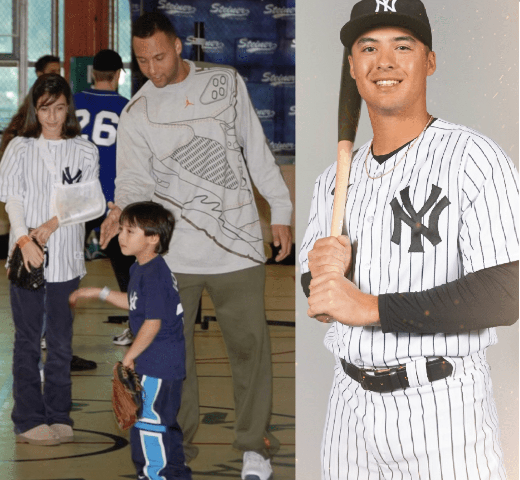 A young Anthony Volpe with Derek Jeter and in Yankees pinstripes.