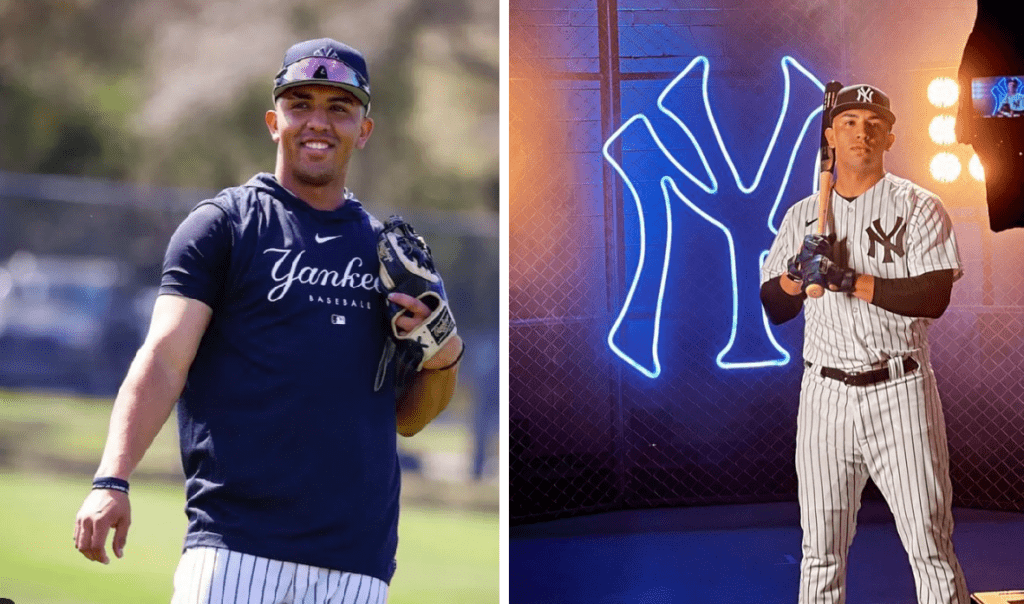 Oswald Peraza at the Yankees' spring training camp and in pinstripes.