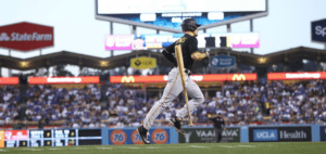 Bryan Reynolds is at Dodger Stadium during a game against the LA Dodgers.