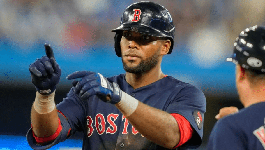 Franchy Cordero is seen in the Boston Red Sox uniform during a 2021 game.