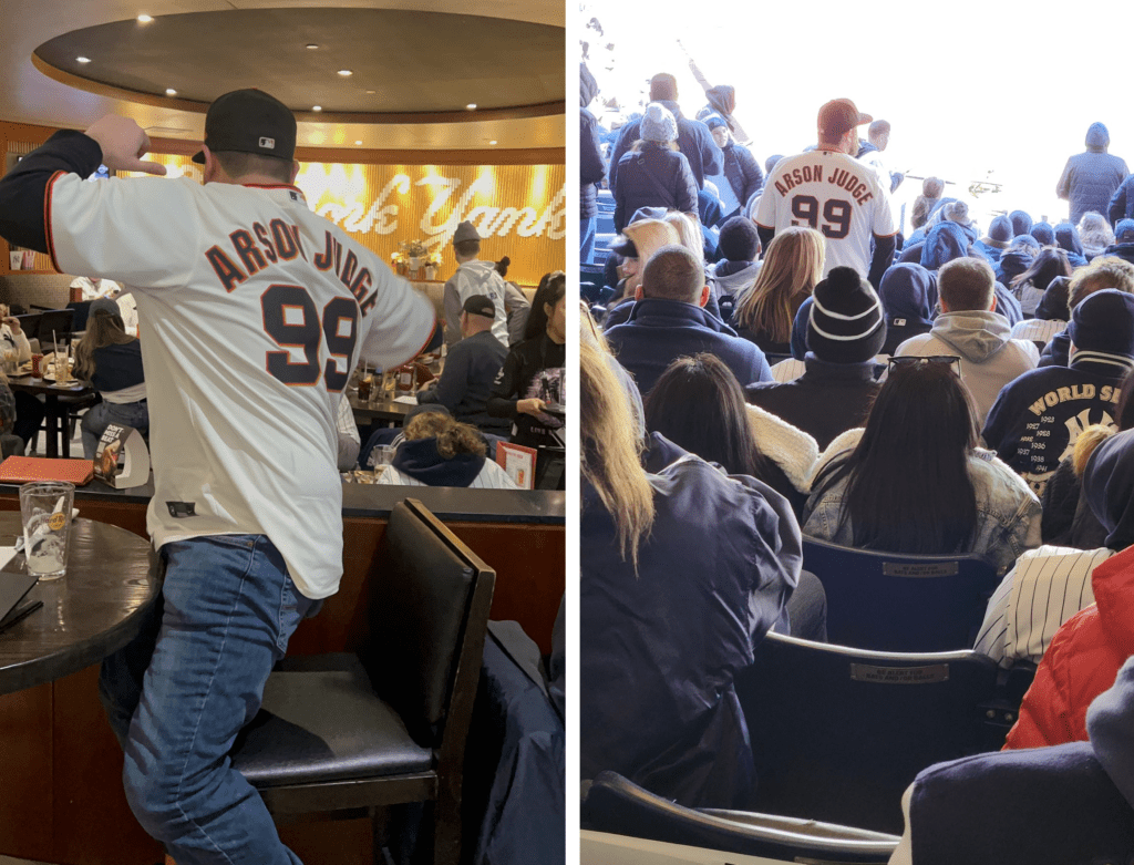 Yankees fans wear 'Arson Judge" Giants shirts to taunt them over their failure to sign Aaron Judge on March 30, 2023, at Yankee Stadium.