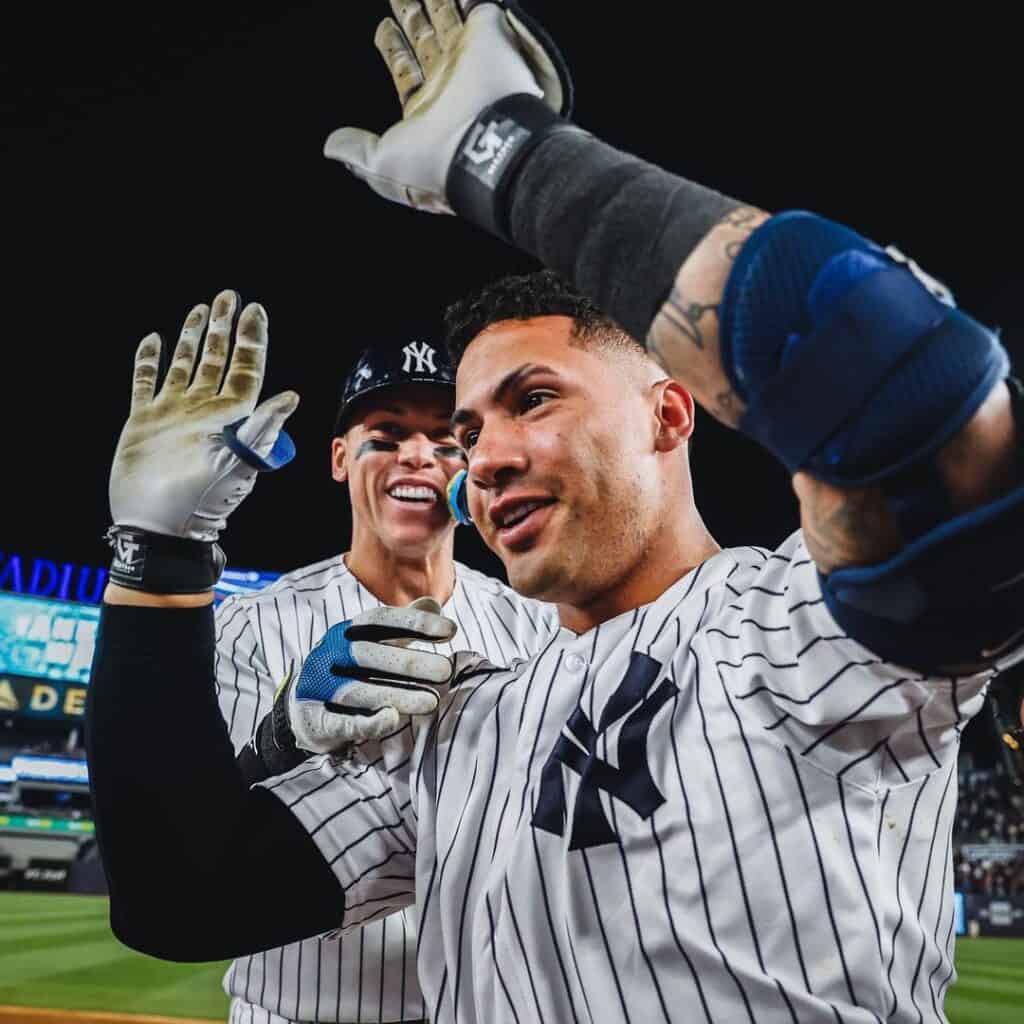 Gleyber Torres with Aaron Judge after their series win against the Angels in Yankee Stadium on April 20, 2023.