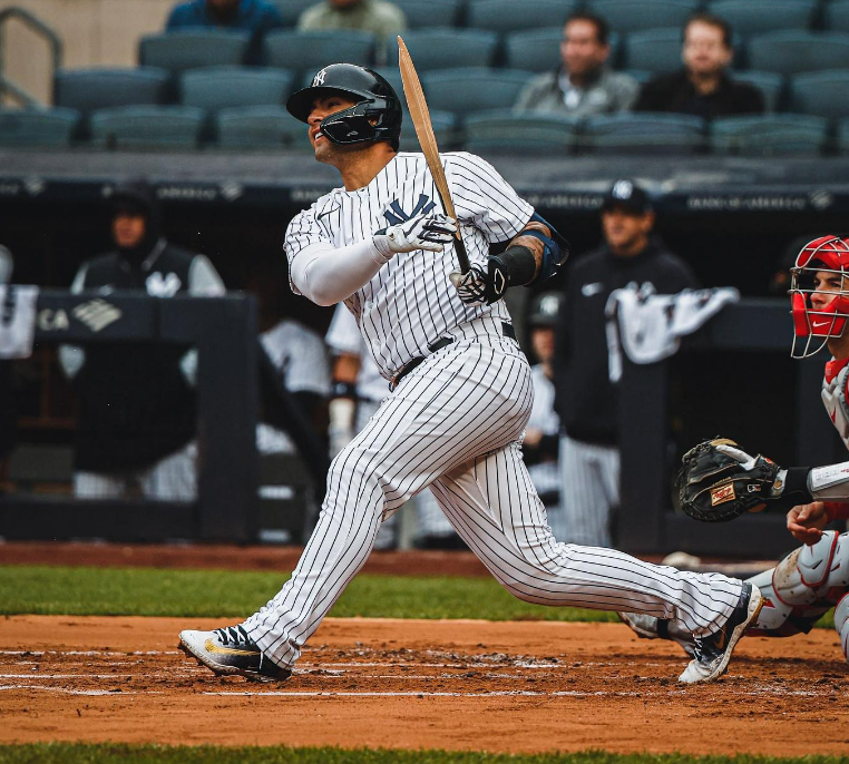 Yankees rookie second baseman Gleyber Torres hits his first career triple