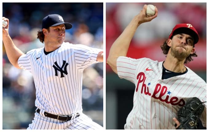 Geerit Cole of the New York Yankees and Aaron Nola of the Phillies.