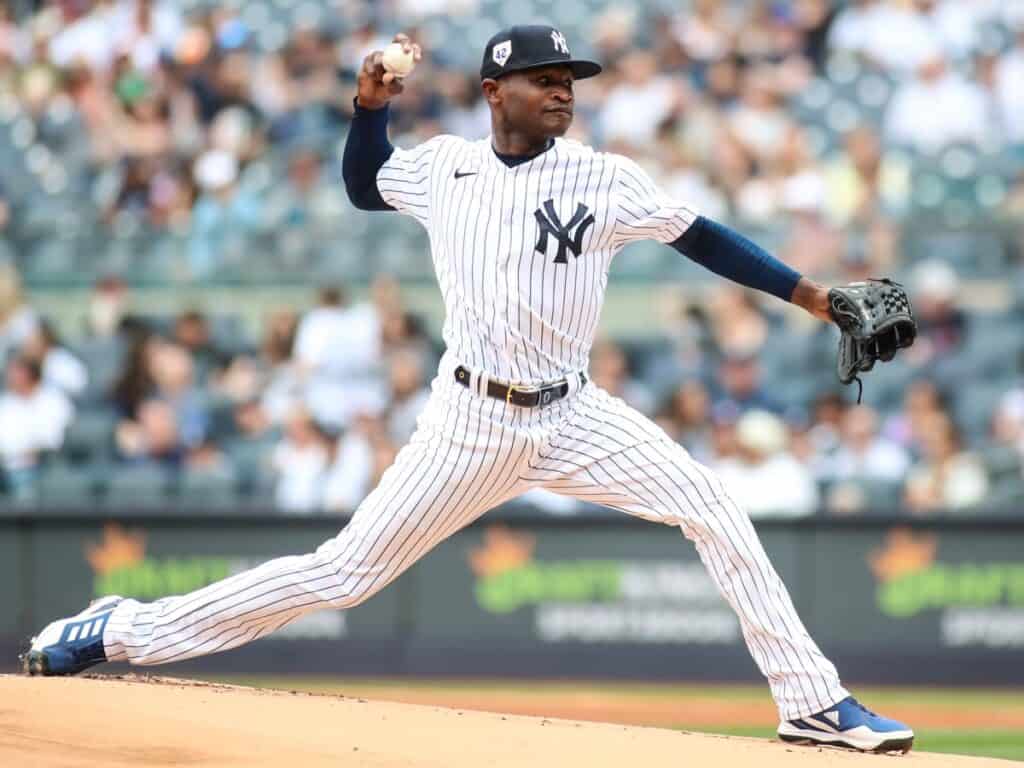 Domingo German is pitching for the New York Yankees against the Twins on Apr 16, 2023.