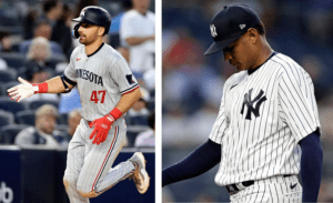 Michael Taylor of Twins and Jhony Brito of Yankees on Apr 13, 2023, at Yankee Stadium.