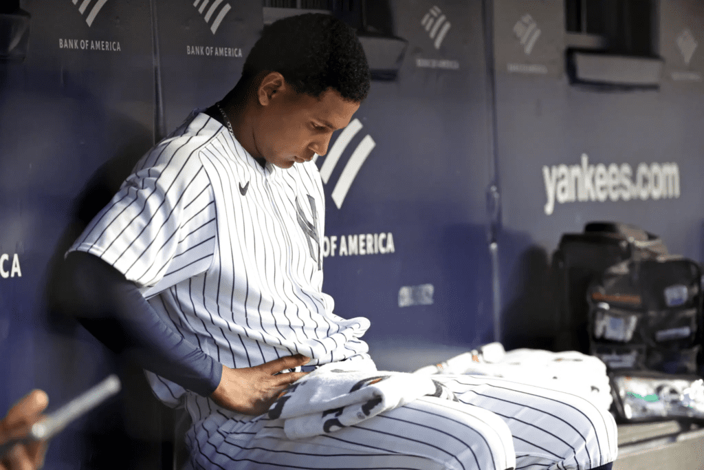 A dejected Jhony Brito after the Twins hit him for 9 runs in the first innings on Apr 13, 2023, at Yankee Stadium.