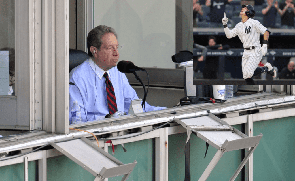 Long-time Yankees radio voice John Sterling and Anthony Volpe (inset).