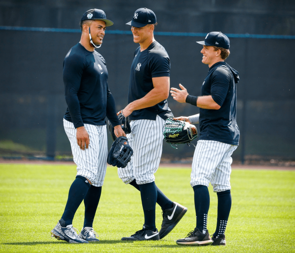 Yankees outfielders Giancarlo Stanton, Aaron Judge, and Harrison Bader