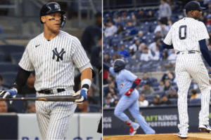 Aaron Judge and Domnigo German of the Yankees during the 6-1 loss to Toronto on April 22, 2023, at Yankee Stadium.