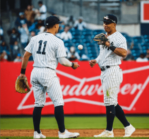 Anthony Volpe and Oswald Peraza during the Yankees 9-3 thrashing of the Angels at Yankee Stadium on April 20, 2023.