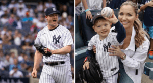 Gerrit Cole, his wife and son after his dominant performance against the Twins at Yankee Stadium on April 16, 2023