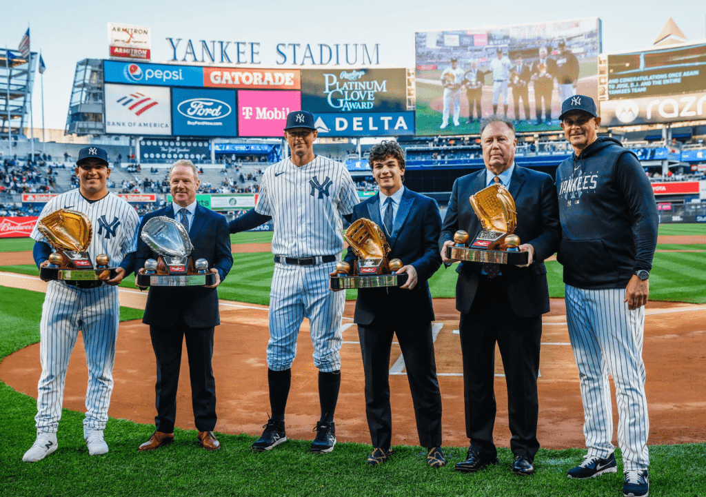 DJ LeMahieu receivs his 2022 AL Gold Glove Awards, Jose Trevino get his Gold Glove and 2022 AL Platinum Glove Award, and the Yankees wins the 2022 Rawlings Team Defense Award for the American League on April 19, 2023, at Yankee Stadium.