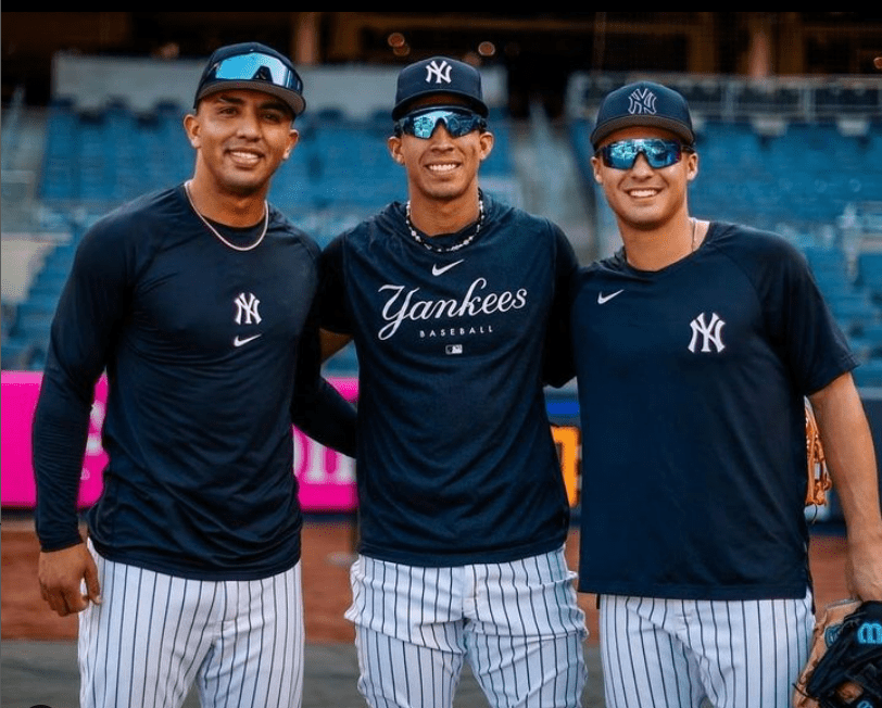 The three young stars of the New York Yankees -- Anthony Volpe, Oswald Peraza, and Oswaldo Cabrera during a pre-game practice at Yankee Stadium on April 21, 2023.