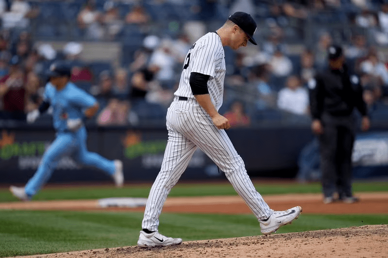 Yankees starting pitcher Clarke Schmidt looks unhappy during the game that ended in loss to the Toronto Blue Jays at Yankee Stadium, Apr 23, 2023.
