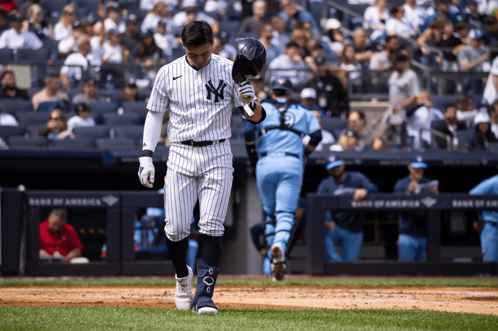Anthony Volpe looks unhappy during the game that ended in Yankees loss to the Toronto Blue Jays at Yankee Stadium, Apr 23, 2023.