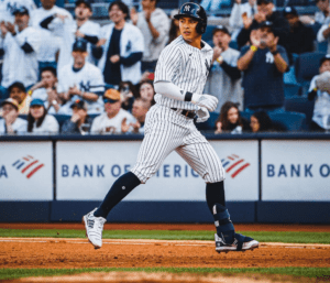 Anthony Volpe is ready to steal a base against the Giants at Yankee Stadium on April 2, 2023.