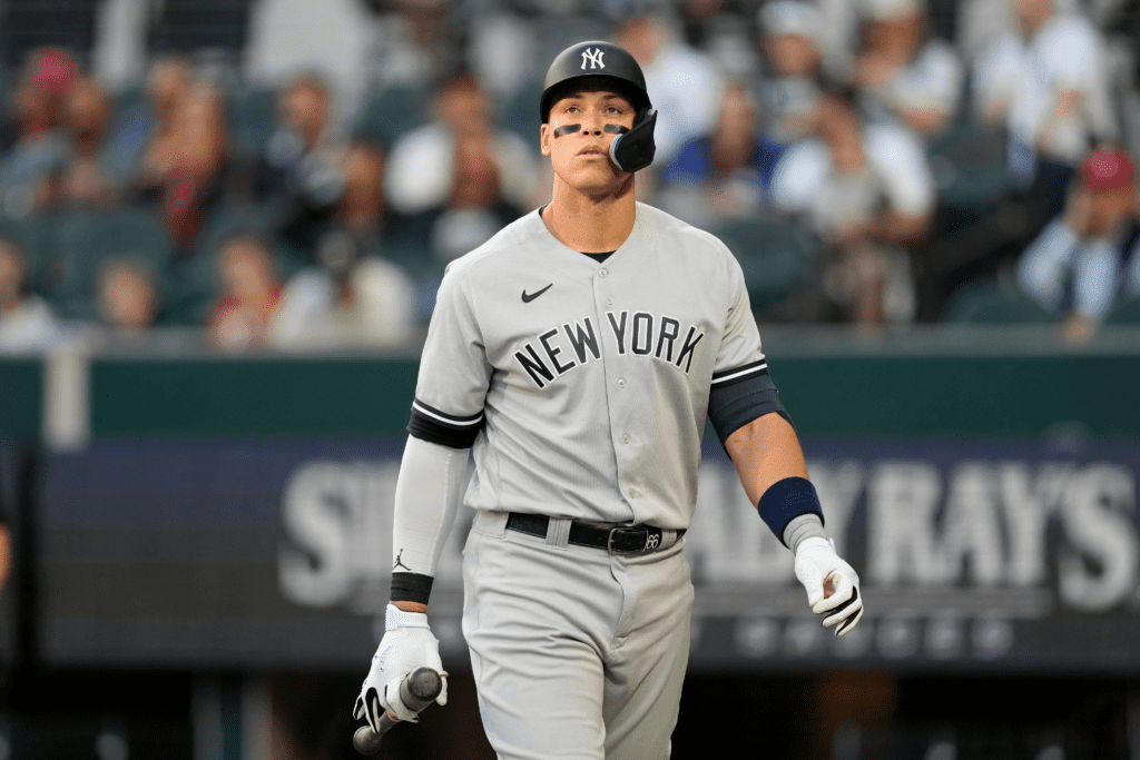 Yankees Aaron Judge is at Globe Life Field in Arlington against the Texas Rangers on April 28, 2023.