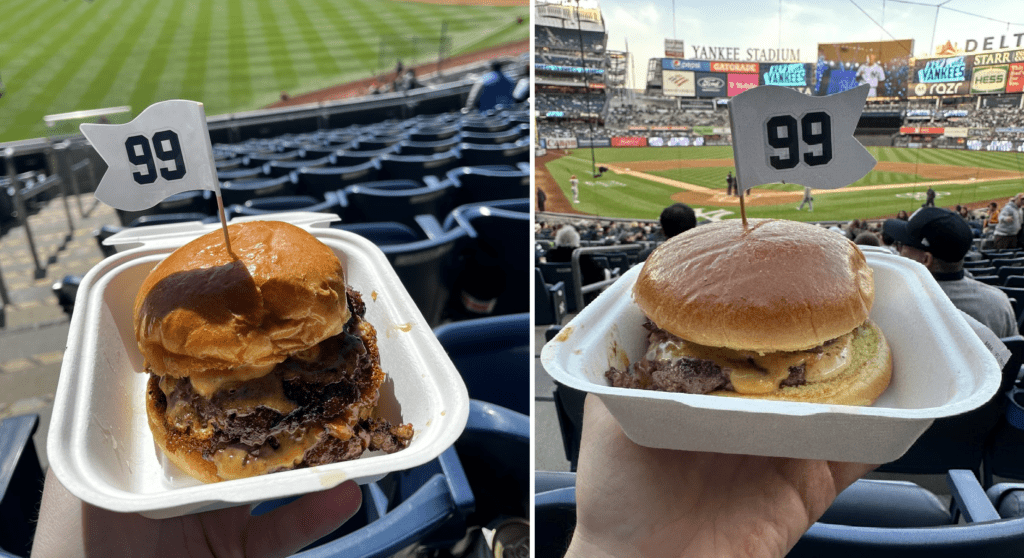 Aficionados de los Yankees muestran la hamburguesa 99 inspirada en Aaron Judge en el Yankee Stadium.