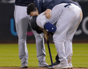 Yankees catcher Jose Trevino was injured in August 2022 in Oakland. Trevino left the game before the bottom of the ninth.