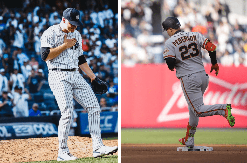 Yankees' Clark Schmidt and Giants' Pederson had a long duel in Game 2 on April 1, 2023.